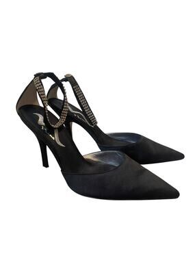 Nina Black Pointed Toe Slingback Heels with Crystal Strap Size 9.5